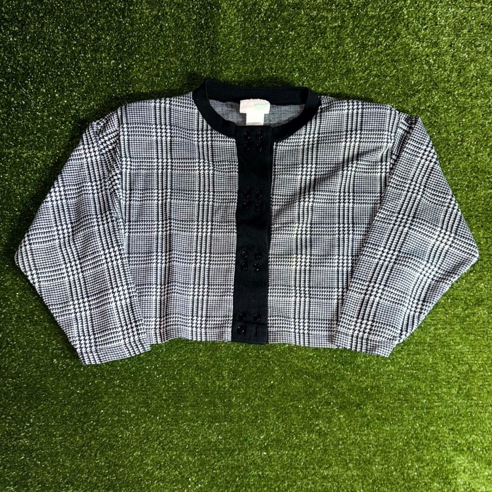 Mister Noah Vintage Black White Glen Plaid Cropped Cardigan Sweater Large‎